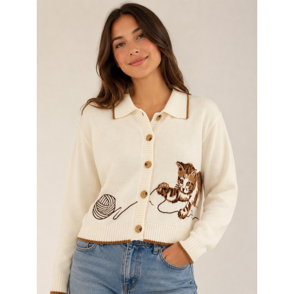 Anthropologie Calligraphie women's Sweater  Button Playing Cat  Cream Size L NWT